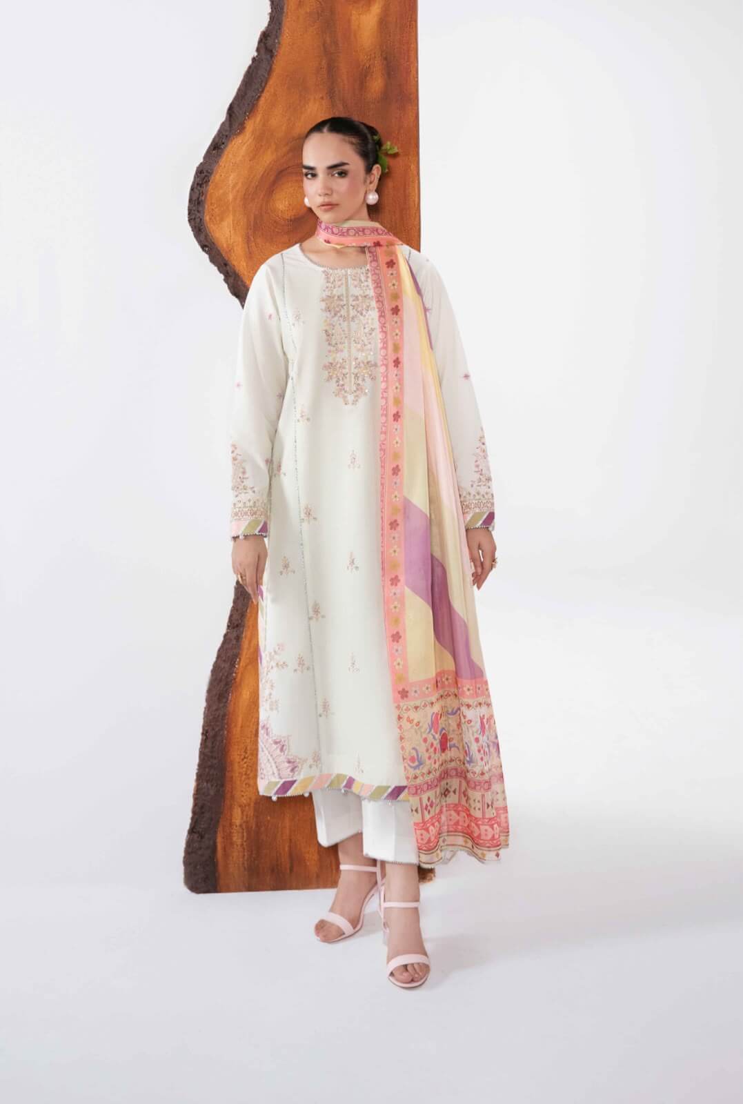 Ivory Embroidered 3-Piece Lawn Suit with Printed Silk Dupatta