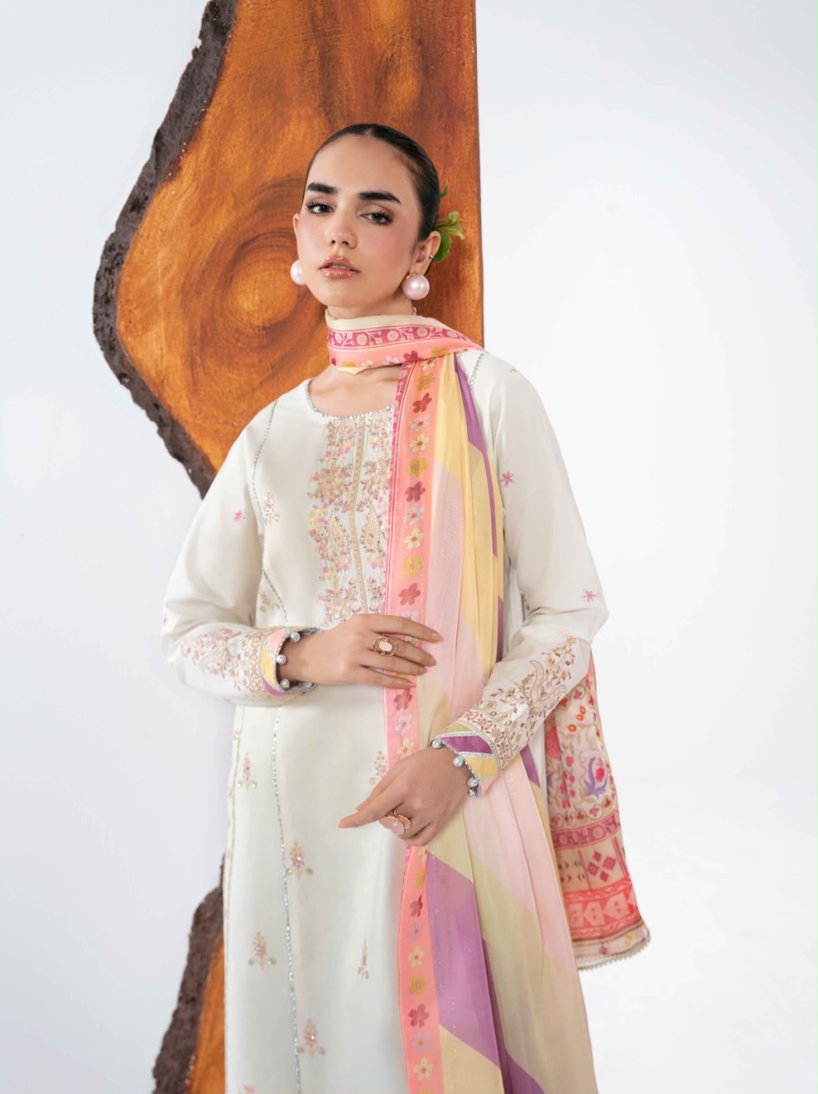 Ivory Embroidered 3-Piece Lawn Suit with Printed Silk Dupatta – View 2