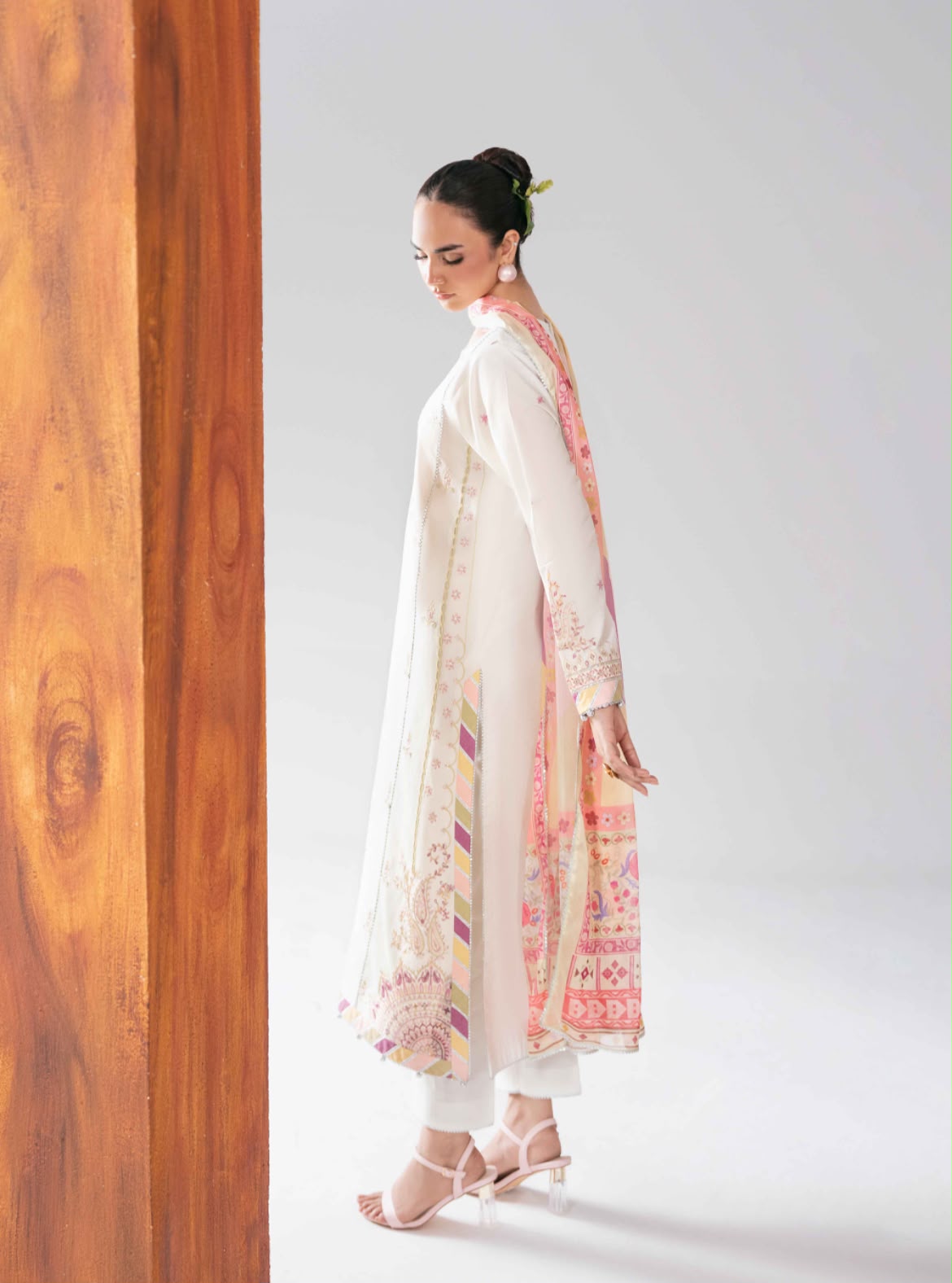 Ivory Embroidered 3-Piece Lawn Suit with Printed Silk Dupatta – View 3