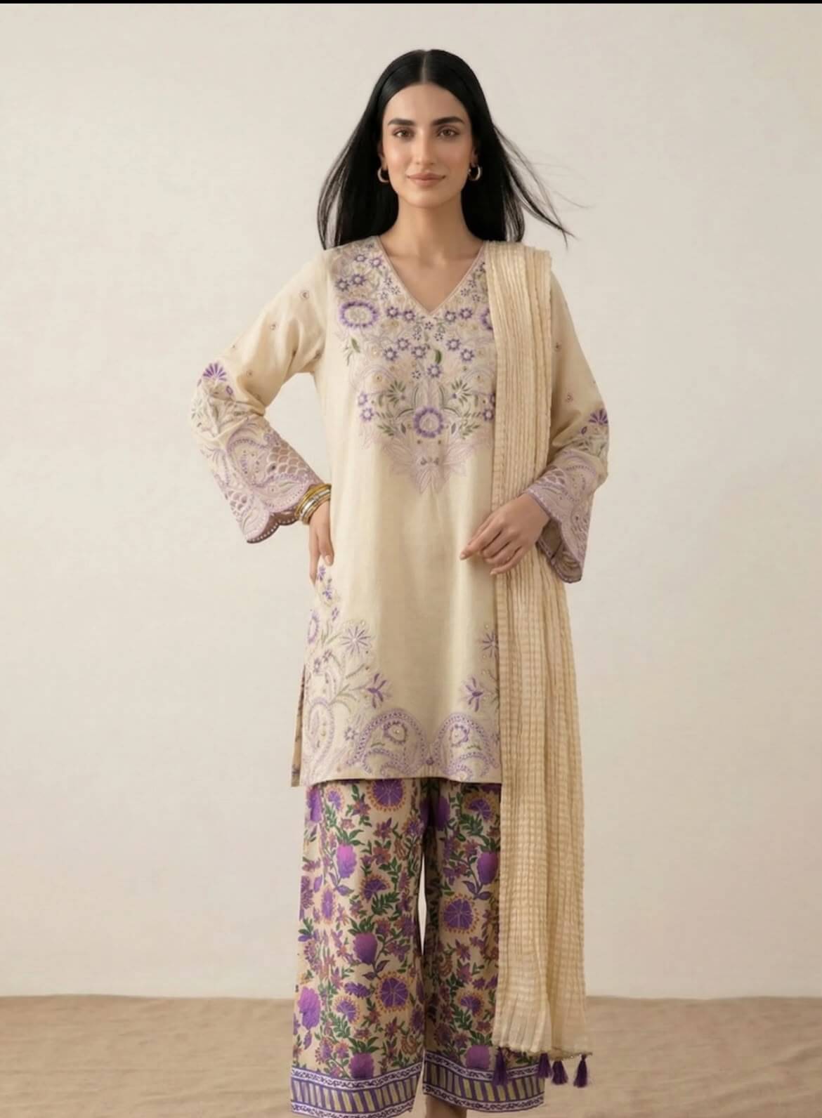 Beige Lavender Embroidered Lawn 3-Piece Suit