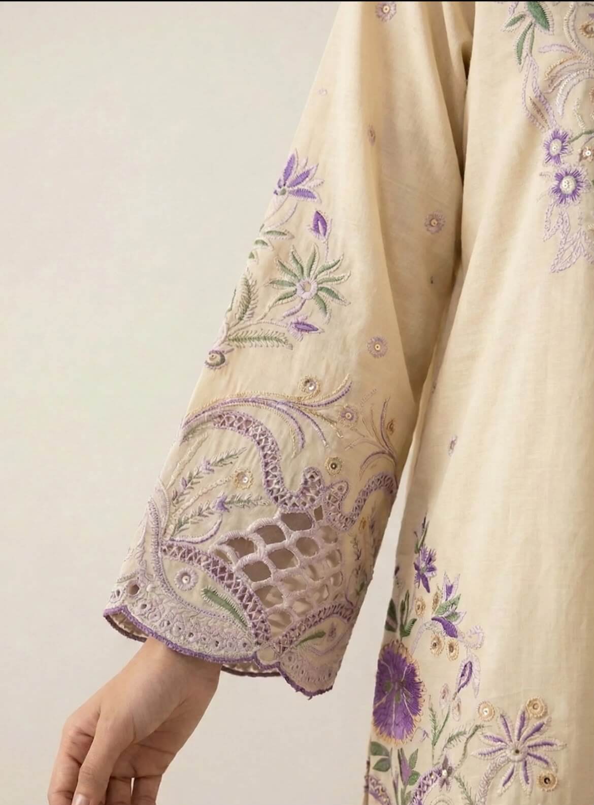 Beige Lavender Embroidered Lawn 3-Piece Suit – View 2