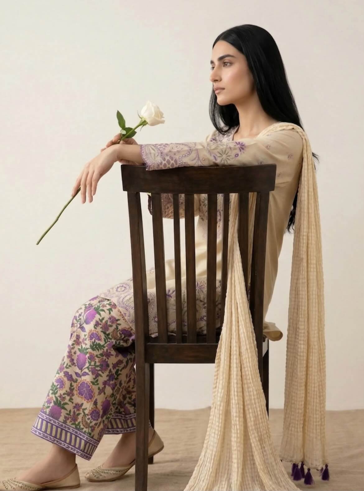 Beige Lavender Embroidered Lawn 3-Piece Suit – View 3