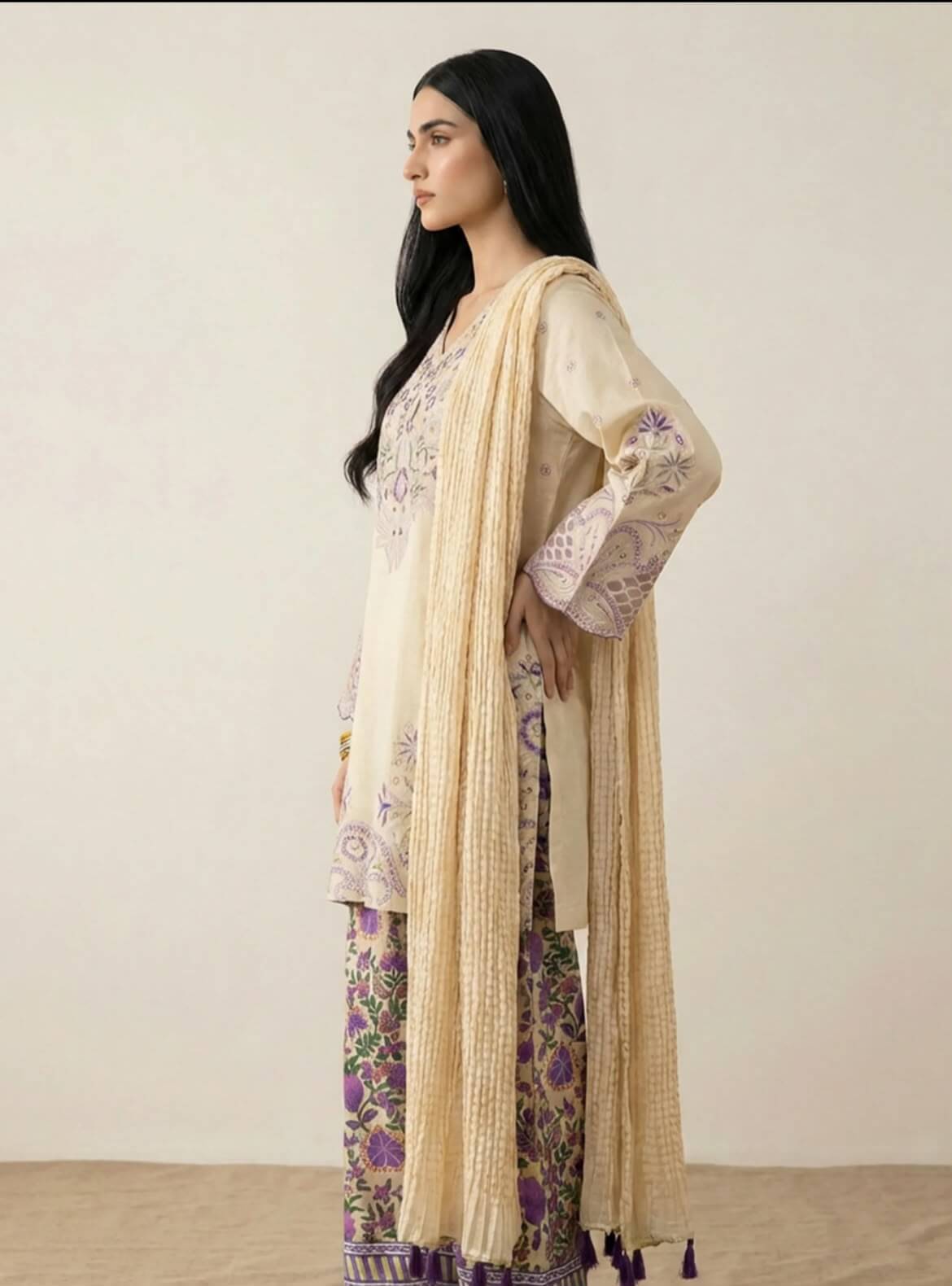 Beige Lavender Embroidered Lawn 3-Piece Suit – View 4