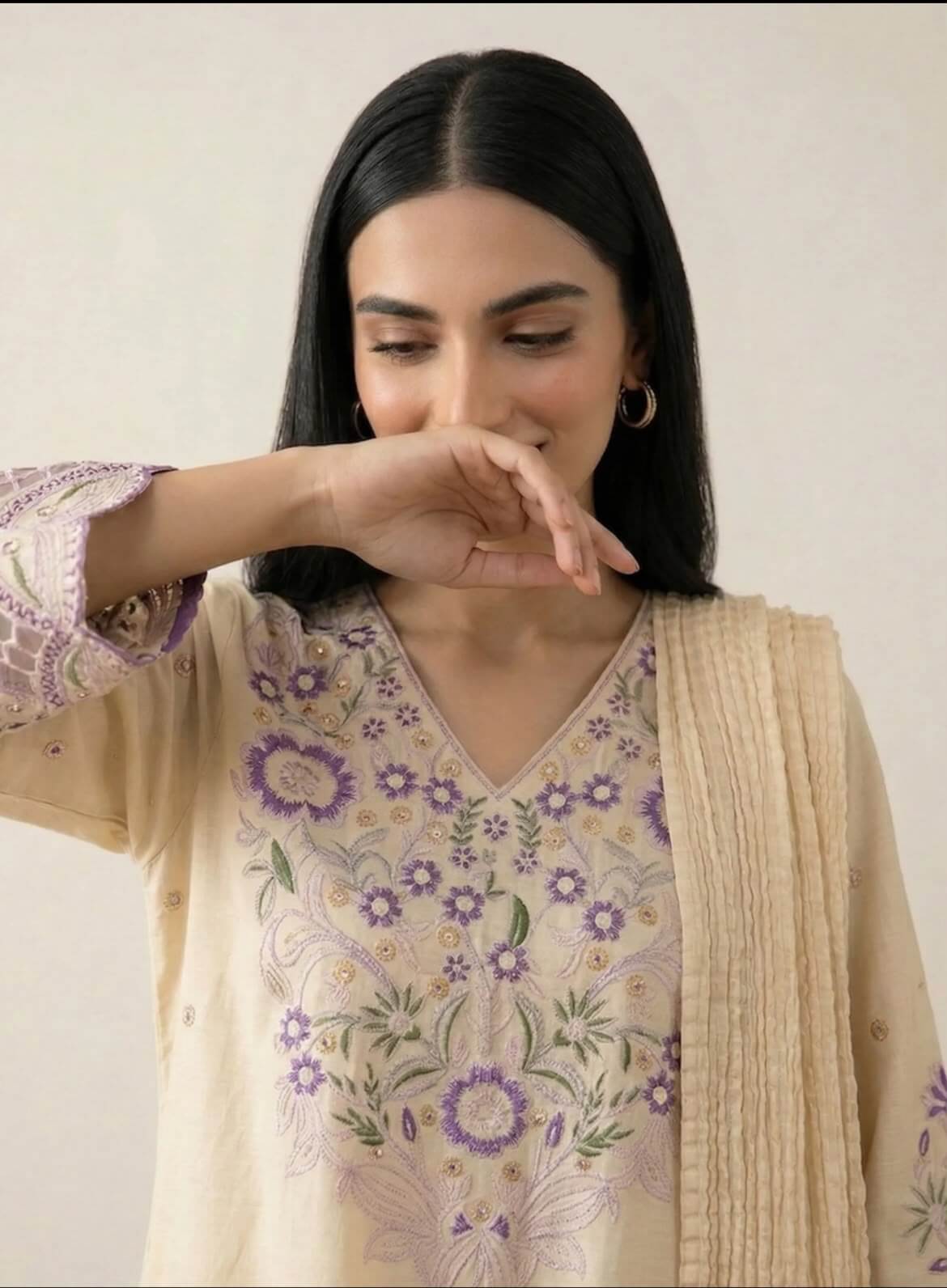 Beige Lavender Embroidered Lawn 3-Piece Suit – View 5