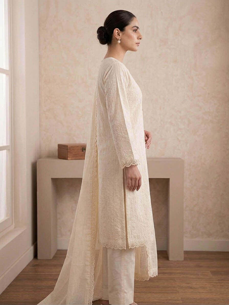 Off-White Embroidered 3-Piece Suit with Lace Detailing – View 4