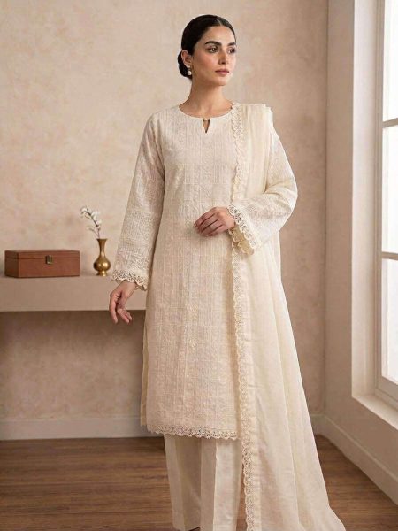 Off-White Embroidered 3-Piece Suit with Lace Detailing