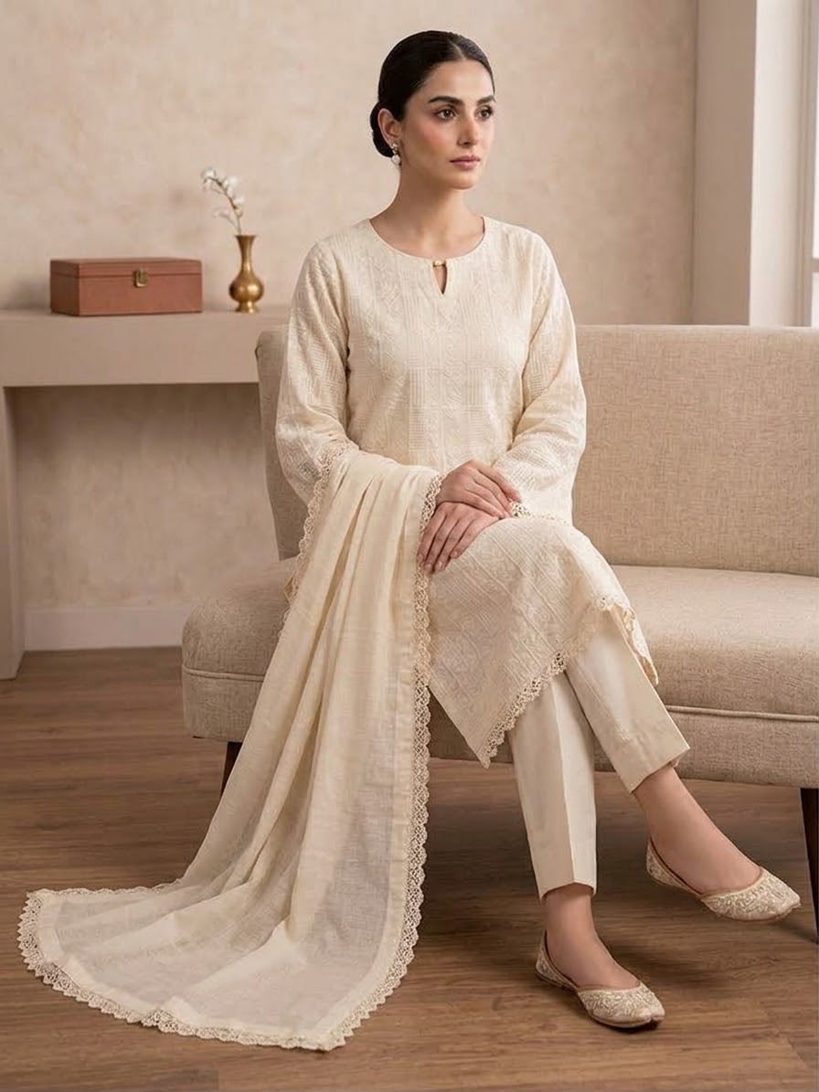 Off-White Embroidered 3-Piece Suit with Lace Detailing – View 5