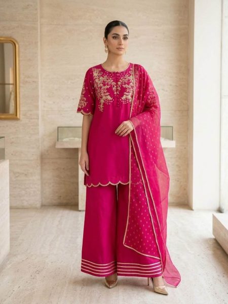 Fuchsia Embroidered Raw Silk Partywear Suit – 3 Piece