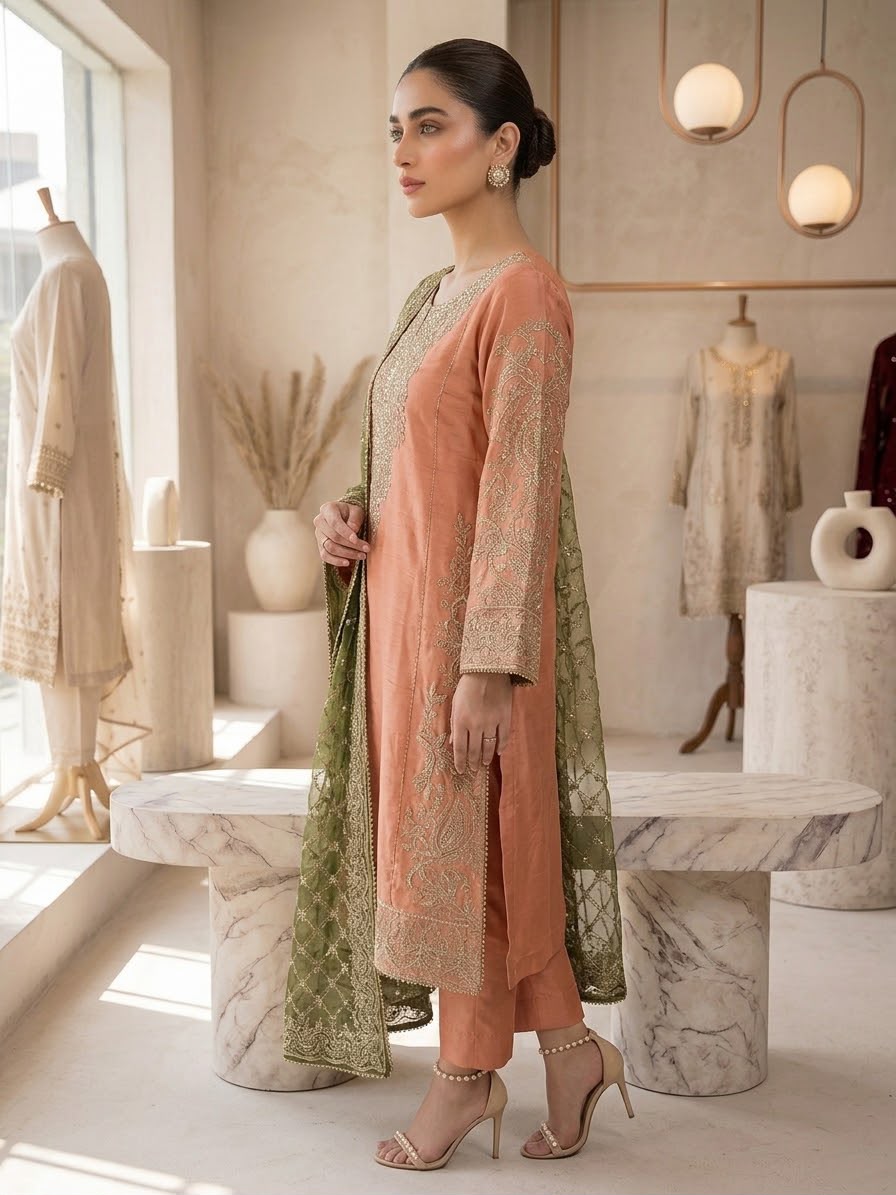 Peach Embroidered Raw Silk 3-Piece Suit with Olive Organza Dupatta – View 4