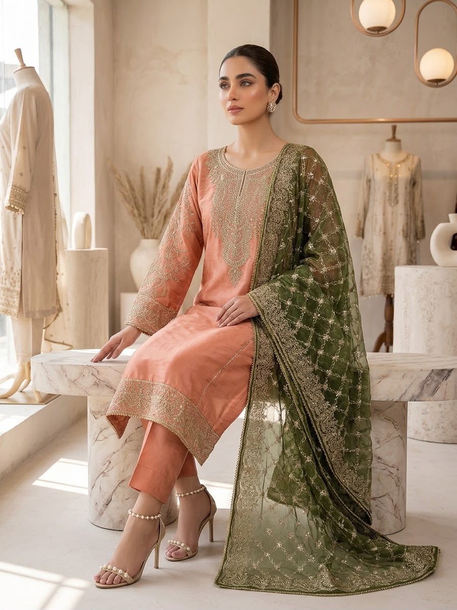 Peach Embroidered Raw Silk 3-Piece Suit with Olive Organza Dupatta – View 3