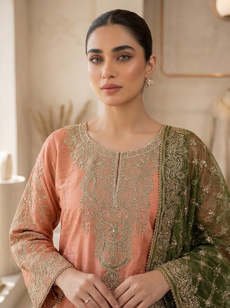 Peach Embroidered Raw Silk 3-Piece Suit with Olive Organza Dupatta – View 2