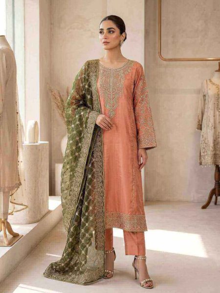 Peach Embroidered Raw Silk 3-Piece Suit with Olive Organza Dupatta