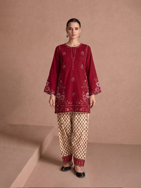 Maroon Embroidered Kurta & Printed Shalwar | 2-Piece Ready to Wear