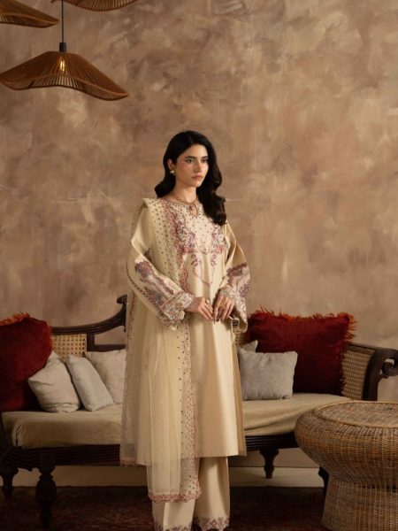 Coffee Whip embroidered 3-piece suite with Breeze Net dupatta for women