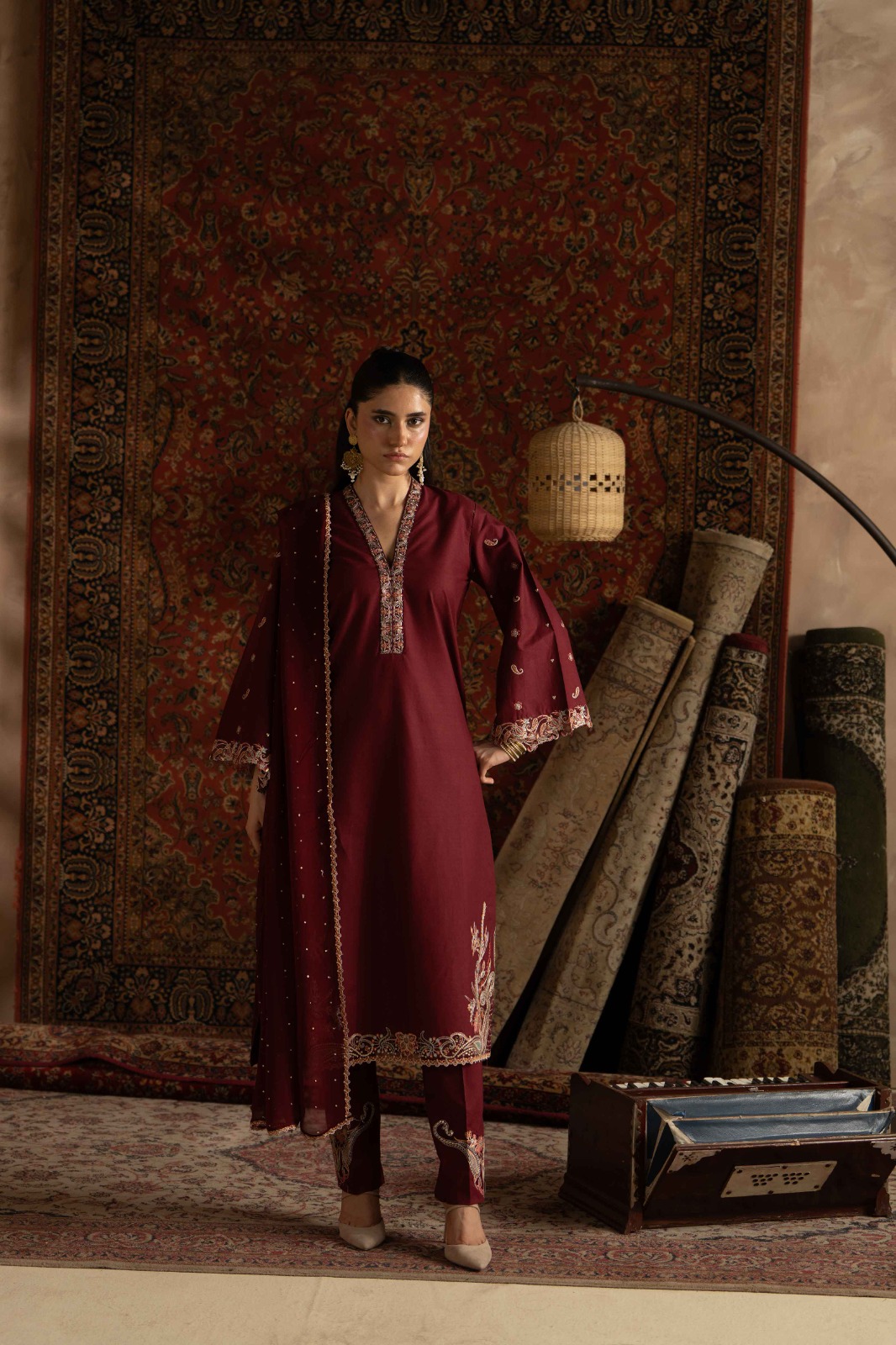 Crimson Maroon Embroidered Winter 3-Piece Suit with Chiffon Dupatta - Image 4