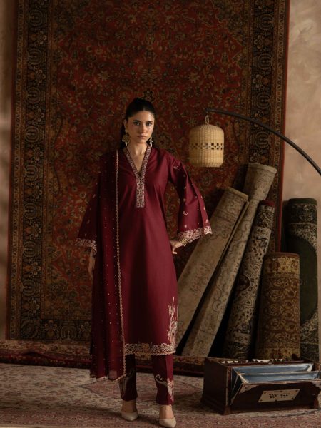 Crimson Maroon Embroidered Winter 3-Piece Suit with Chiffon Dupatta