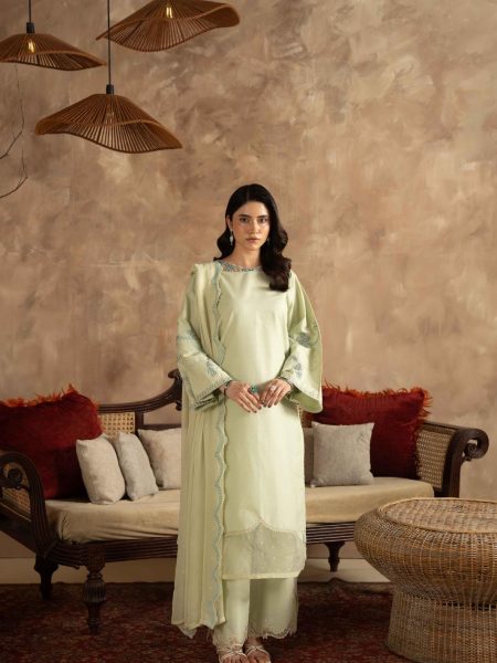 Mint Green Embroidered Premium Cotton 3 Piece Suit with Chiffon Dupatta