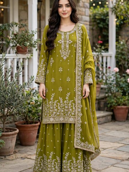 Mehndi green/Olive Green Chiffon Party Wear Sharara Suit with Embroidery