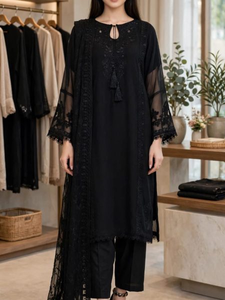 Black Party Wear Pure Shirt with Chikankari Embroidered Dupatta | 3 Piece Suit