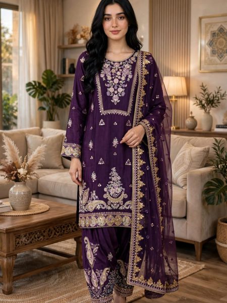 Purple Embroidered Silk Party Wear 3 Piece Suit with Chiffon Dupatta