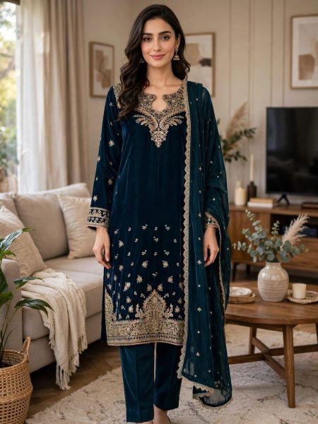 Teal Velvet Embroidered 3-Piece Suit | Zari & Sequin Kurta, Shalwar & Dupatta