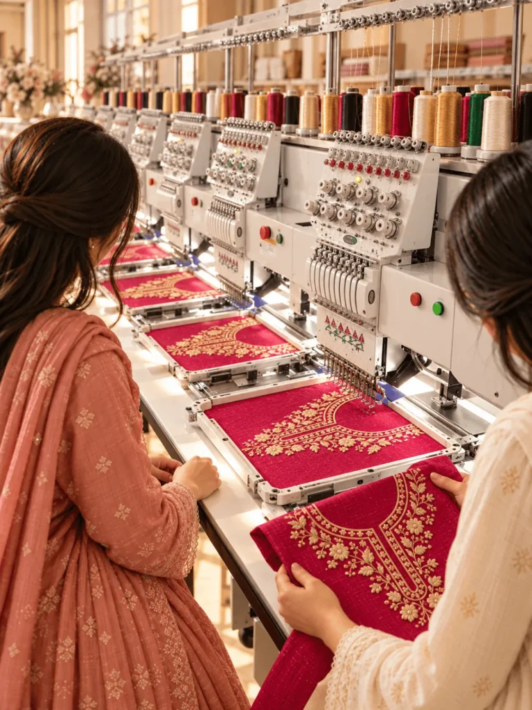 Embroidery work being added to Samia Aqsa fabric